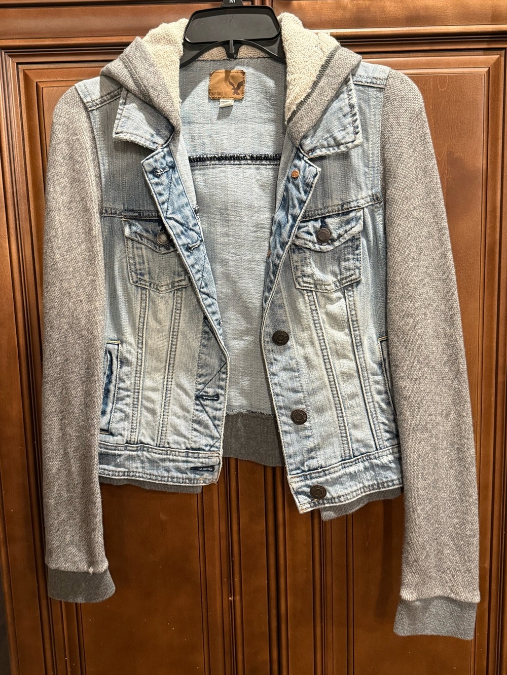 American Eagle Denim Hoodie Jacket Gray Knit Sleeves Medium